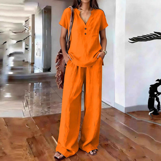 Women's Casual Solid-Colored Cotton And Linen Set