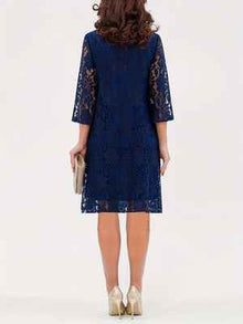 Womens Lace Hollow-Out Round-Neck Three-Quarter-Sleeve Dress