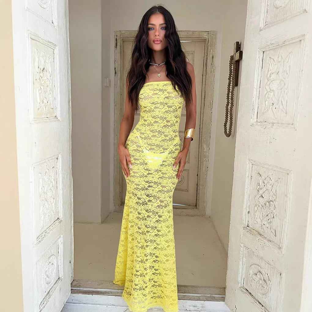 Lace-spliced Strap-backless Long Tube Dress For Women