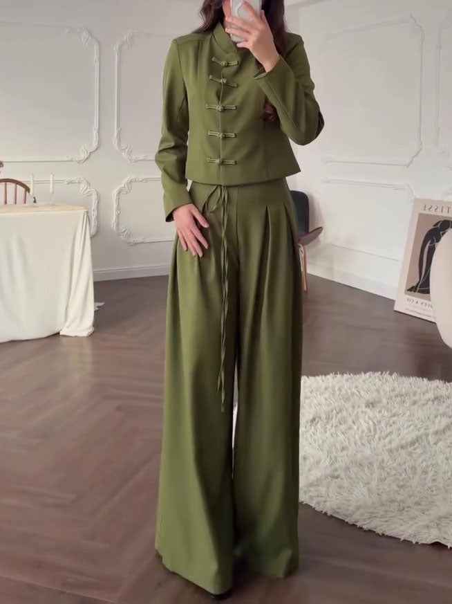 Mandarin Collar Knot Crop Top & Drawstring Wide Leg Pants 2-Piece Set