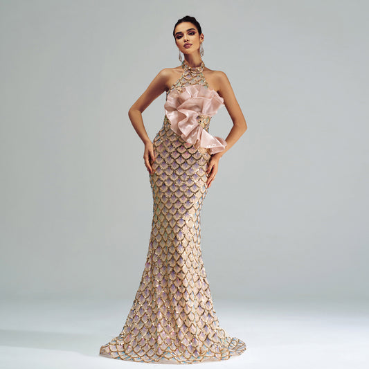 Halter Sequined Mermaid Evening Dress by Mirlaine Univers