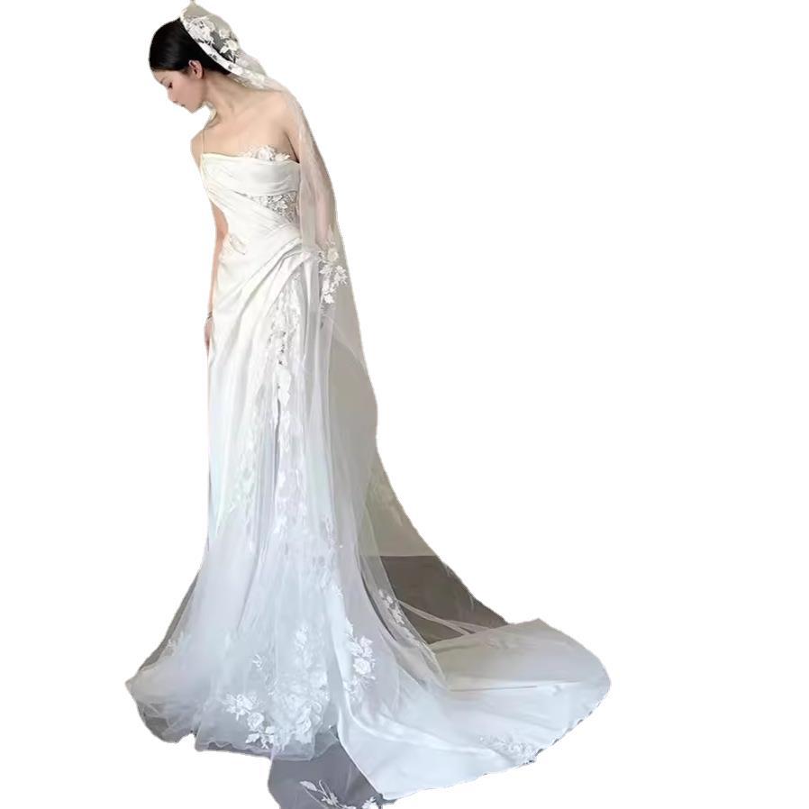 Satin Lace Wedding Veil Tube Top Fishtail Wedding Dress by Mirlaine Univers