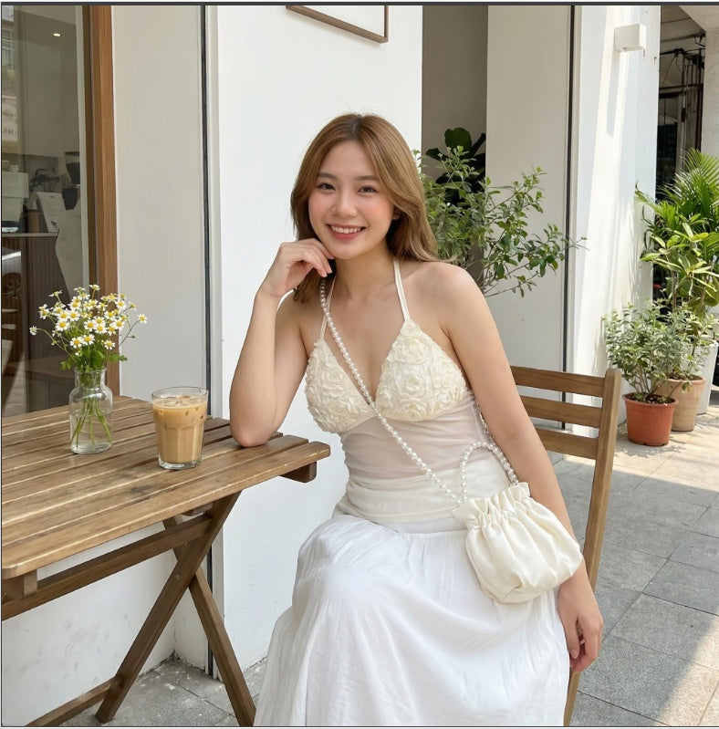 3D Floral Hollow Halter Neck Top Womens Summer Beach Wear