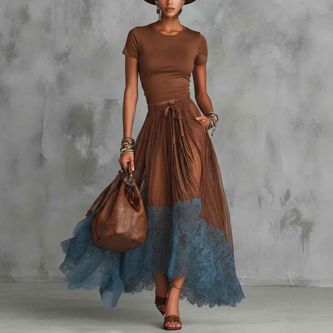 Short-sleeve Top And Lace-panel Midi Skirt Set