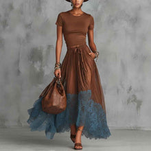 Short-sleeve Top And Lace-panel Midi Skirt Set