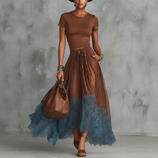 Short-sleeve Top And Lace-panel Midi Skirt Set