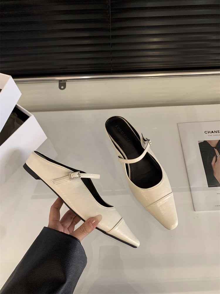 French Retro Slip-On Flats For Women 2026 Spring New Arrival, Pointed Toe Fashion Shoes, Closed Toe Backless Low Heel Sandals