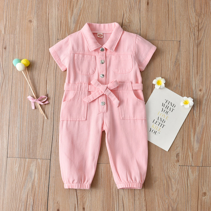 Children's Summer Denim Lapel One-piece