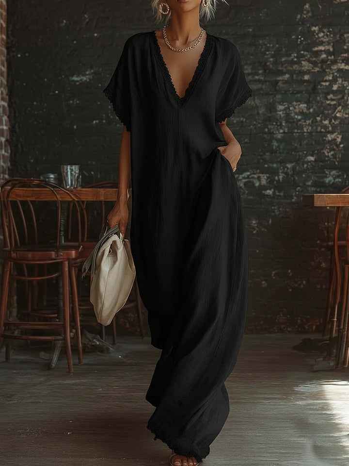 European And American Style Casual Elegant Comfortable Lace-trimmed Loose Linen Cotton Long Dress