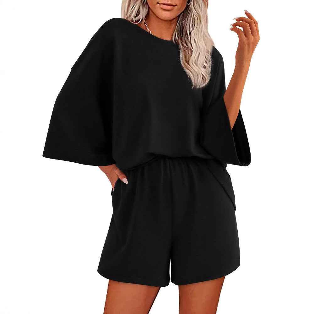 Solid-color Crewneck Short-sleeve Top And Elastic-waist Shorts Two-piece Set