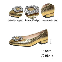 Women's Gold Crocodile Print Square Toe Rhinestone Buckle Low Heel Pumps Elegant Dress Shoes