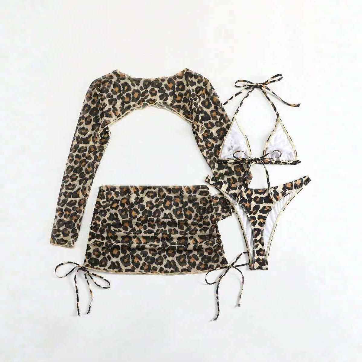 European And American Leopard-Print Lace-Up Sexy Two-Piece Four-Piece Swimsuit