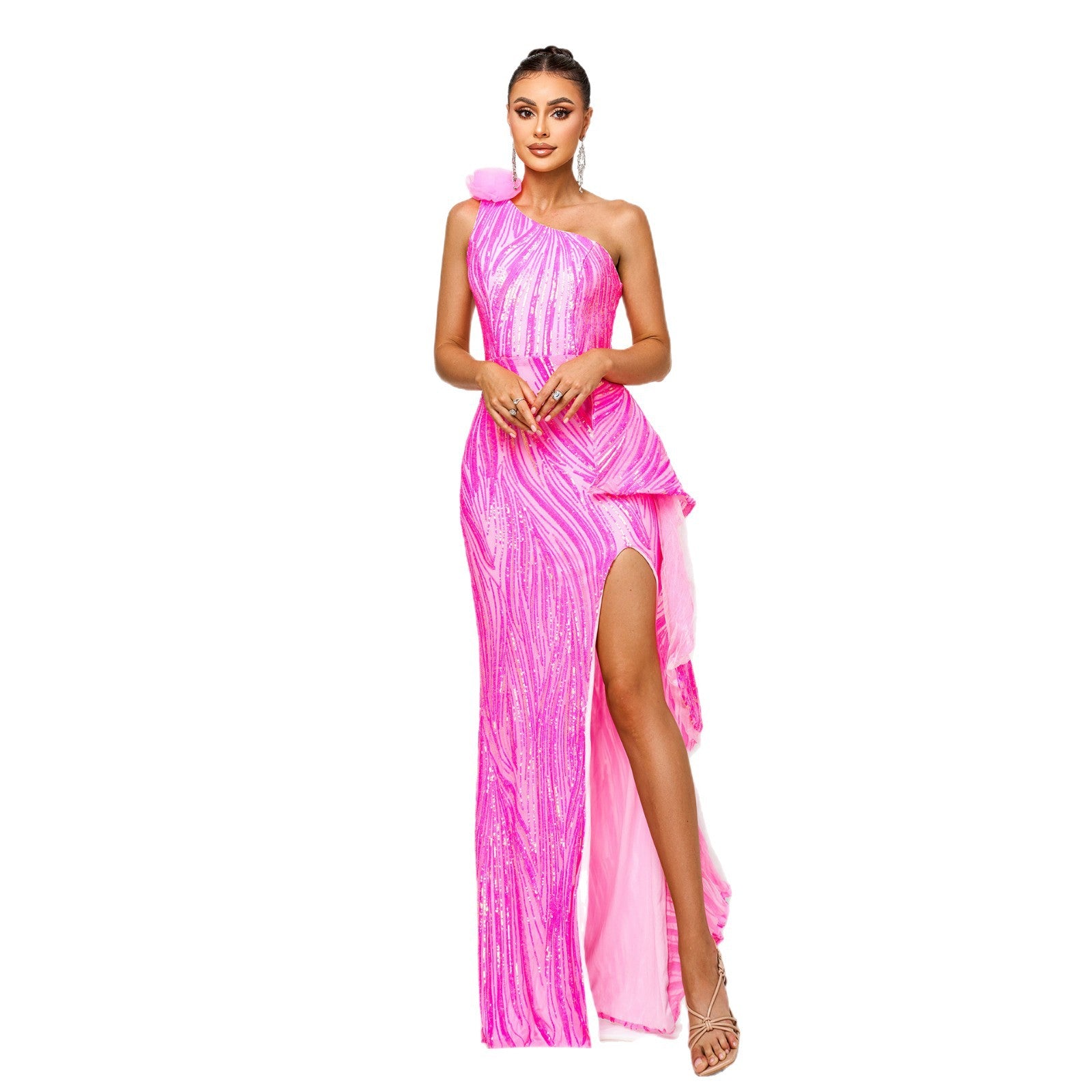 One-shoulder Diagonal Collar Sequined Slit Evening Dress by Mirlaine Univers