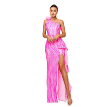 One-shoulder Diagonal Collar Sequined Slit Evening Dress by Mirlaine Univers