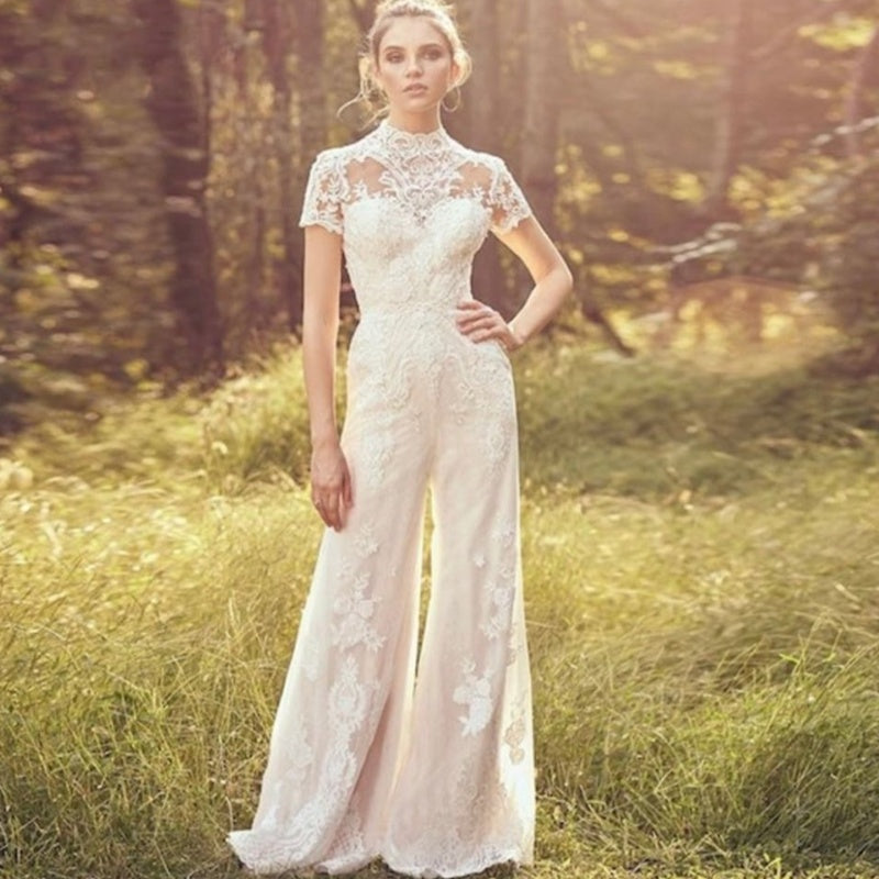 Bride Pants Suit Wedding Bridal Gowns Short Sleeve Jumpsuit by Mirlaine Univers