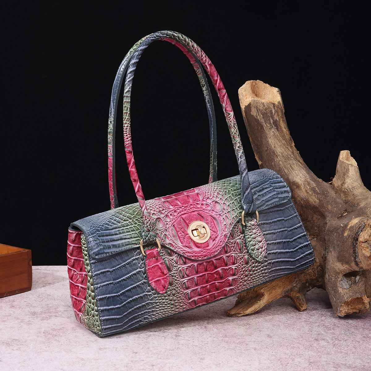 Womens Crocodile-Print Brahmin Shoulder Tote Bag