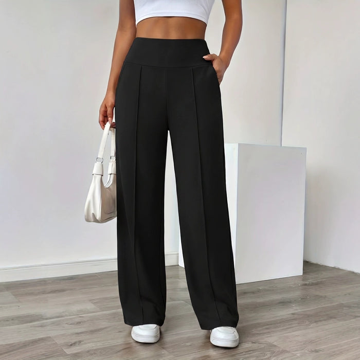 Pantalon décontracté femme taille haute, coupe droite, jambes larges, style amincissant
