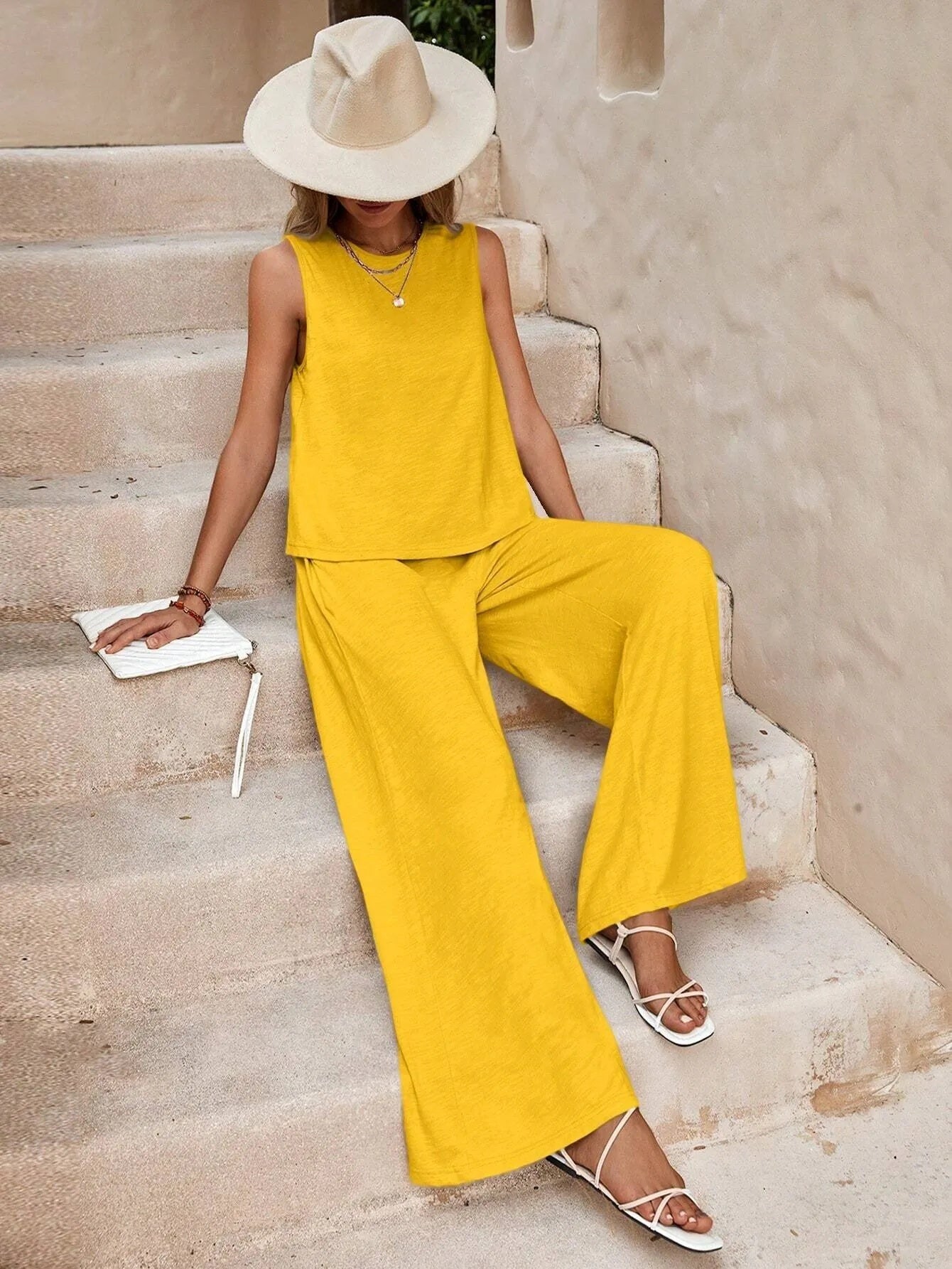 Solid Color Casual Loose Pants Sets For Women Elegant Spring Summer Women's Two Pieces Suit Full Trouser Set Female Outfit Clothes by Mirlaine Univers