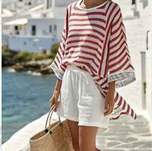 Japanese-style Vertical Stripe Ramie Bamboo Fiber Top Womens Set