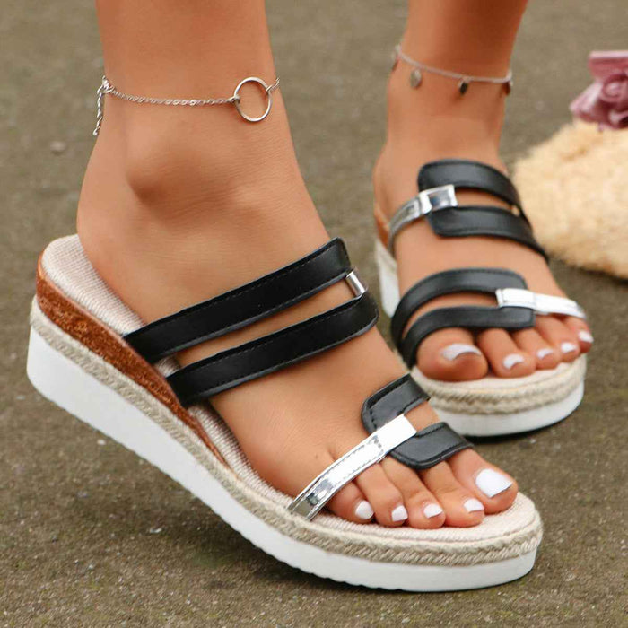 Sandales compensées à lanières contrastées, chaussures d'été à talons compensés en chanvre, sandales d'extérieur à semelles épaisses et bout ouvert pour femmes