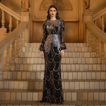 Long Sleeve Round Neck Slim-fit Sheath Sequined Banquet Fishtail Evening Dress by Mirlaine Univers