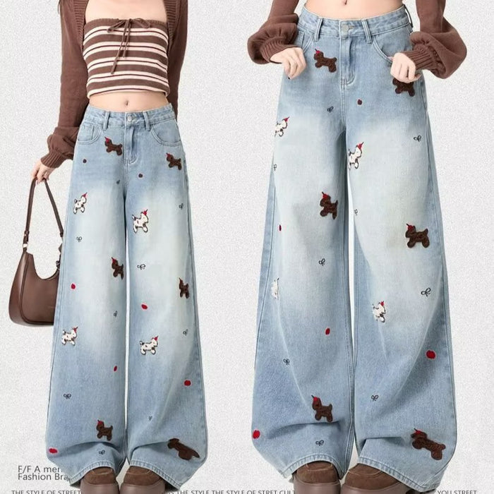 Fashionable Embroidered Wide-Leg Denim Jeans For Women