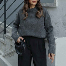 Winter Womens Loose Knitted Sweater With Round Neckline And Wide Cuffs