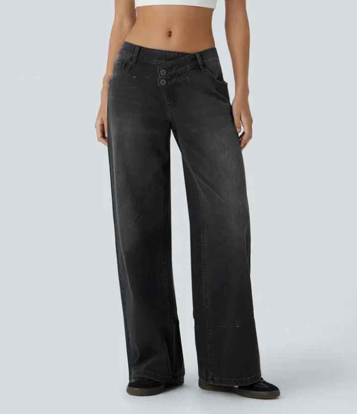 High-waisted Loose-fitting Zip-fly Wide-leg Womens Jeans
