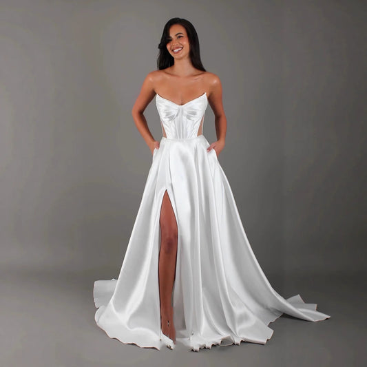 White Satin Slit Pocket Bandage Wedding Dress by Mirlaine Univers