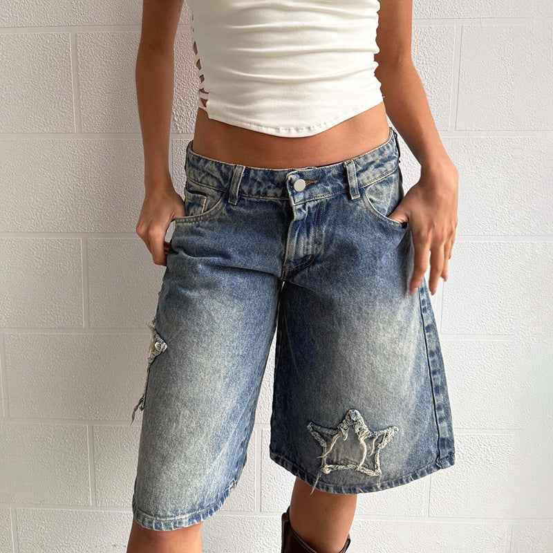 Women's Casual Denim Cropped Pants With Star Patches