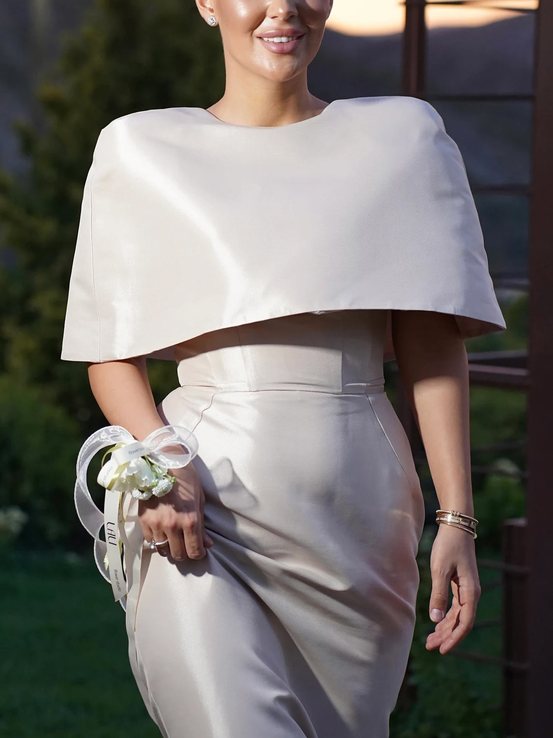Satin Cape-style Top &Fitted Maxi Dress Set by Mirlaine Univers