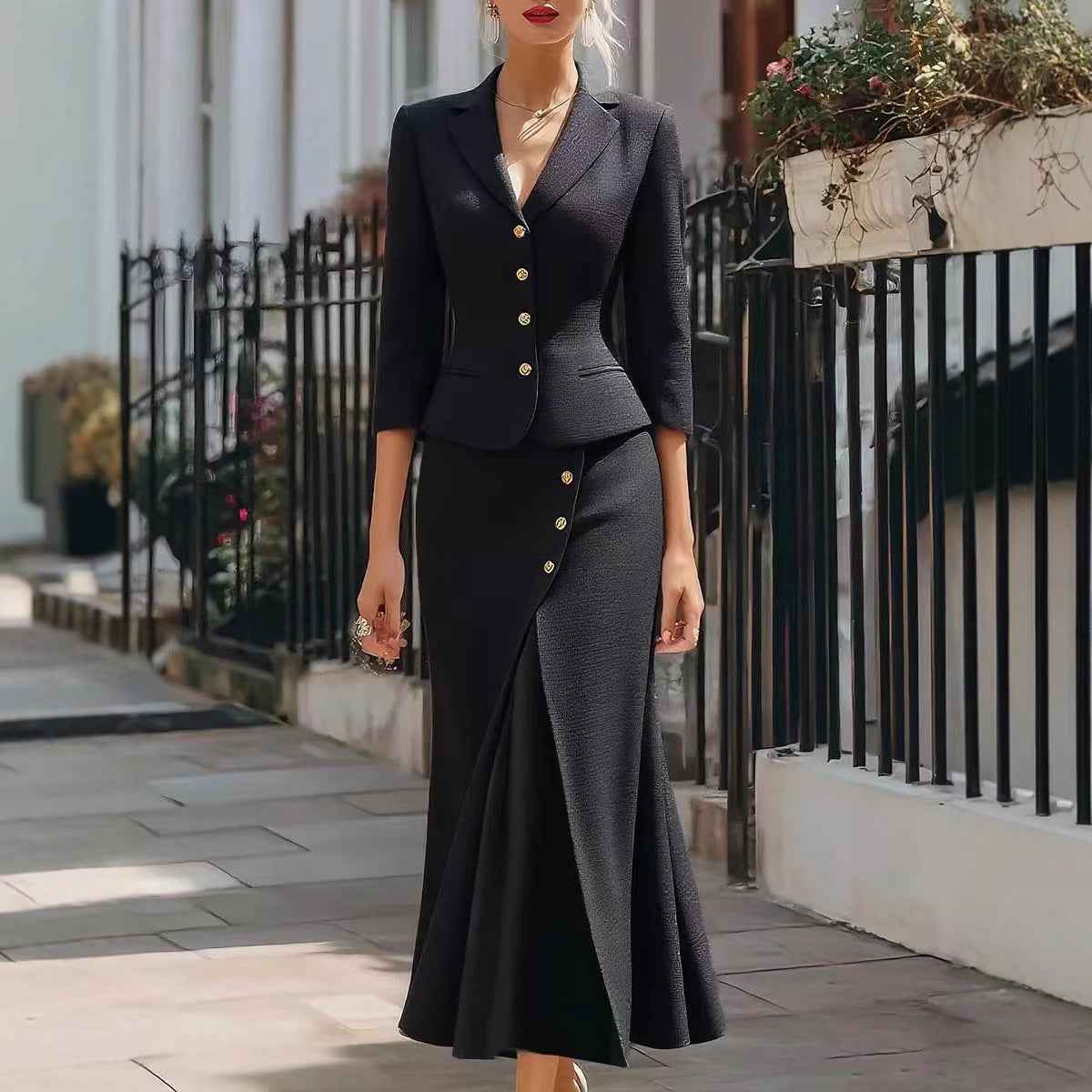 Three-quarter-sleeve Blazer And Long Skirt Set With Buttons And A Slit Mid-length Skirt