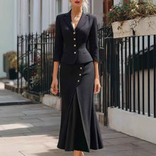 Three-quarter-sleeve Blazer And Long Skirt Set With Buttons And A Slit Mid-length Skirt