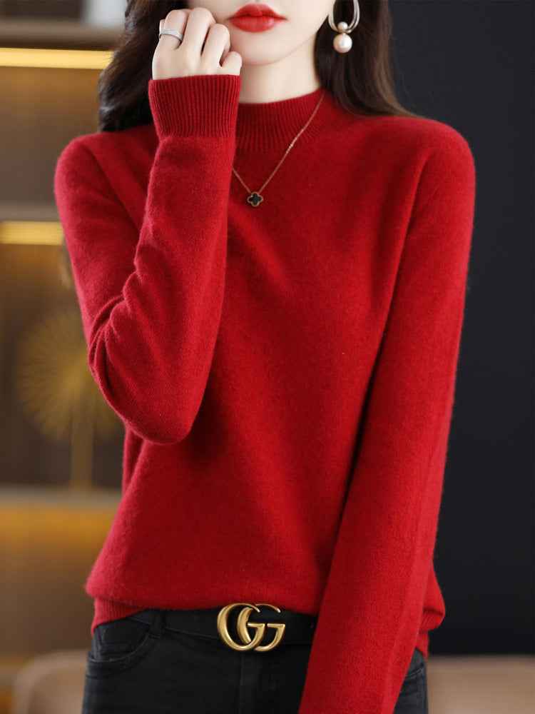 Half High Collar Pure Wool Women's Long Sleeved Knitted Base Sweater