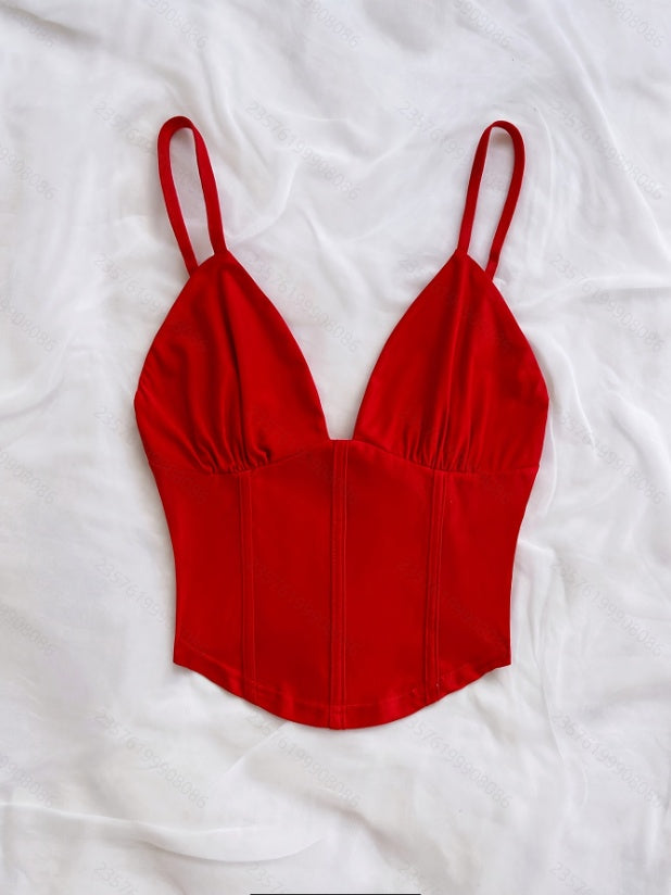 Women's Spring Summer Retro V Neck Off Shoulder Camisole Top