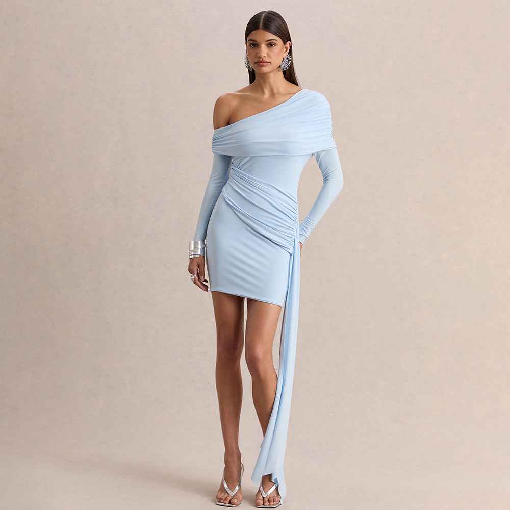 Slant-neck Off-shoulder Dress With Flowing Ribbons