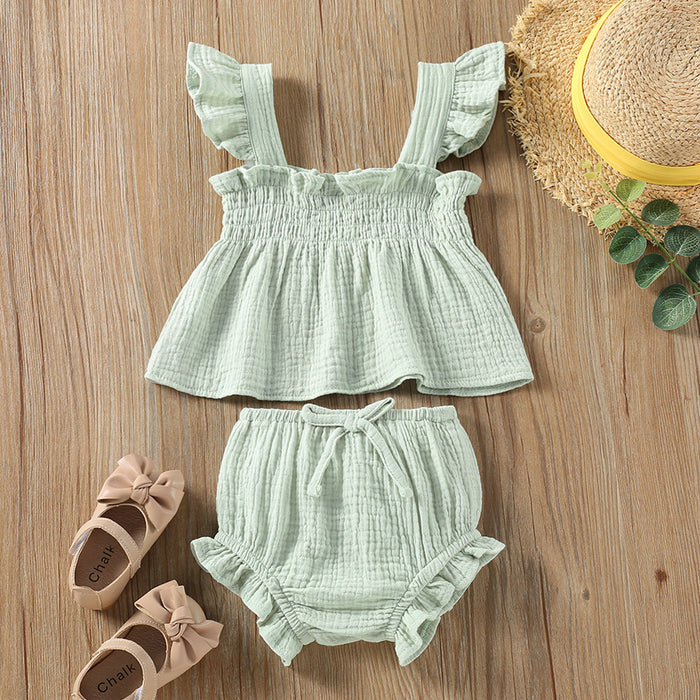 Girls Cotton Sling Top And Shorts Set Green Pink