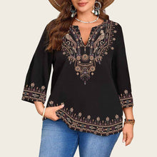 Fashionable Casual V-Neck Ethnic-Style Printed Three-Quarter-Sleeve Shirt Top