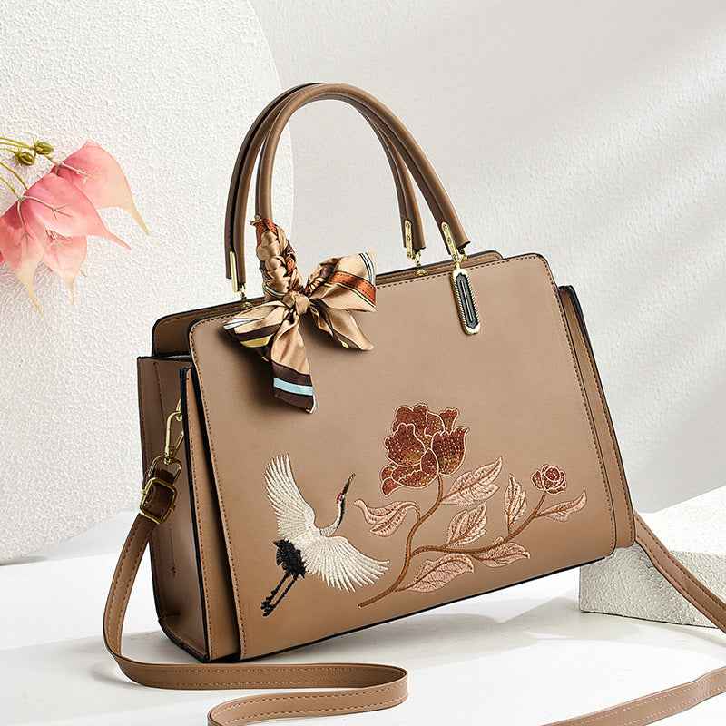 Womens New Chinese-Style National-Flair Embroidered Crane Fashion Crossbody Tote Bag