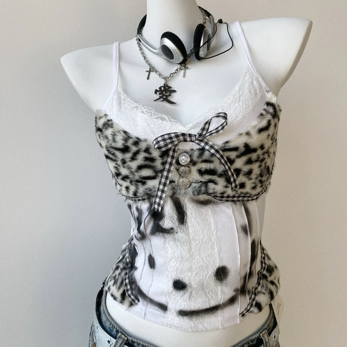 Leopard Print Patchwork Lace Camisole With Bow Halter Top