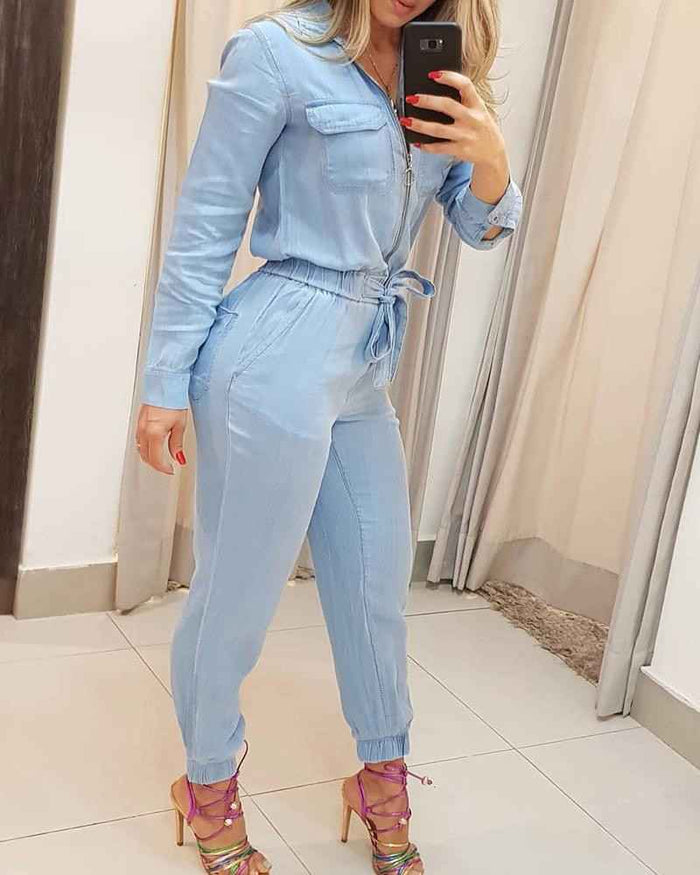 Women's New Blue Zipper One-piece Trousers