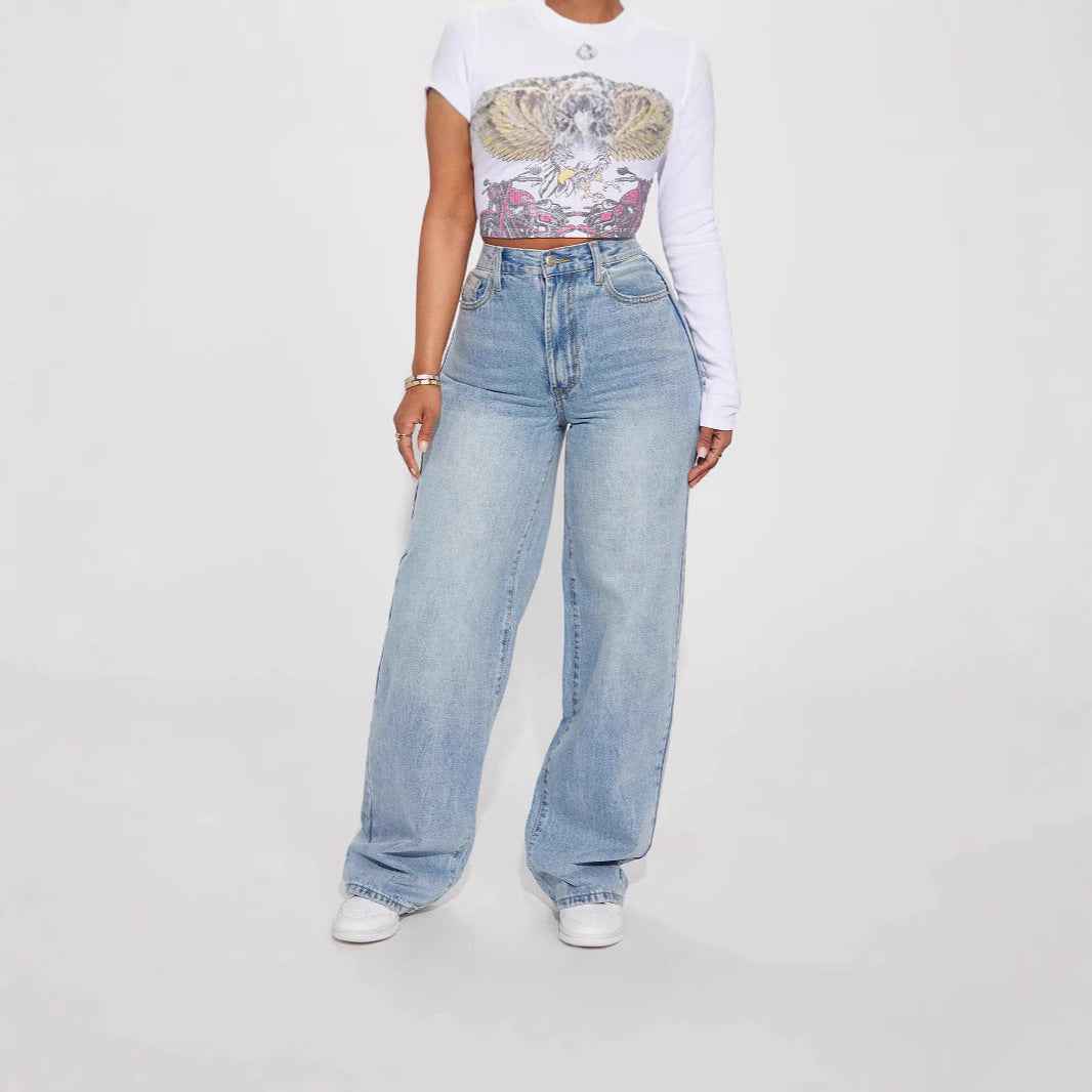 Euro-American Cross-Border Light Blue High-Waist Straight-Leg Jeans