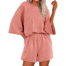 Solid-color Crewneck Short-sleeve Top And Elastic-waist Shorts Two-piece Set