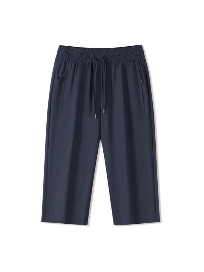 Pantalon décontracté 7/8 en soie glacée pour homme, pantalon d'été frais et respirant avec 3 poches zippées