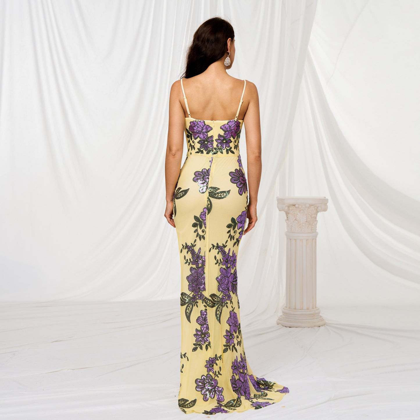 V-neck Brace Slim-fit Sheath Sequined Slit Evening Dress by Mirlaine Univers