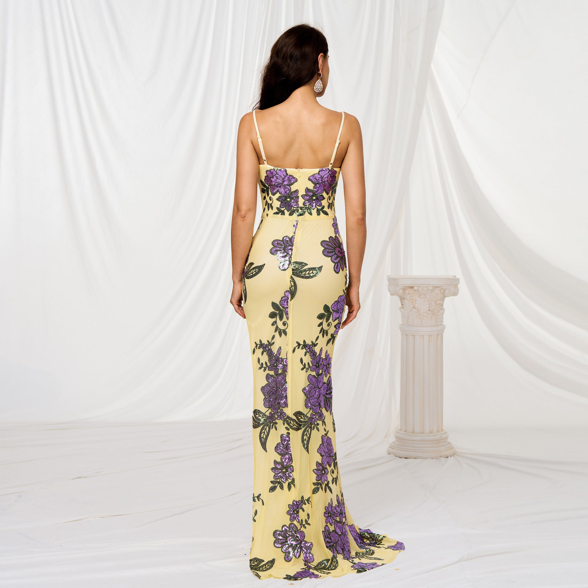 V-neck Brace Slim-fit Sheath Sequined Slit Evening Dress by Mirlaine Univers