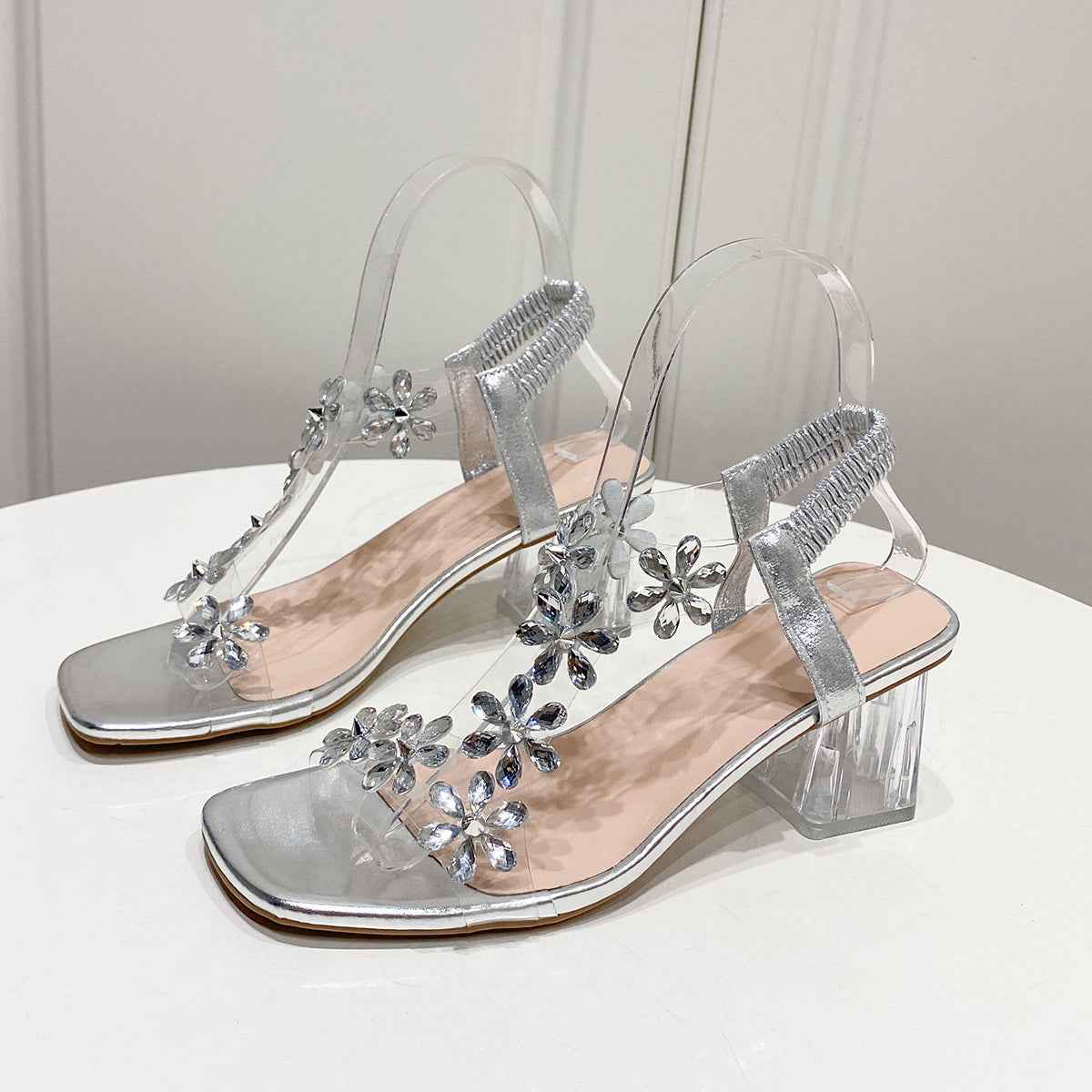 Fashion Flowers Sandals With Transparent High Square Heels Summer Square Toe Shoes For Women
