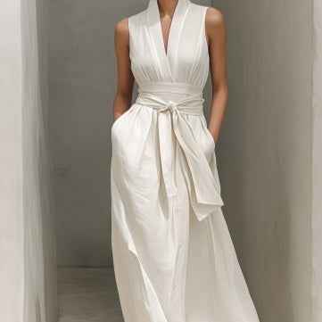 Mori Girl Style V-Neck Sexy Backless Fresh And Sweet White Cathedral Train Maxi Dress
