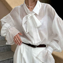 Retro Tie-Neckline Petal-Sleeve Top