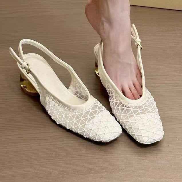 2025 French Retro Square Toe Mesh Hollow Block Heel Mary Jane Sandals For Women